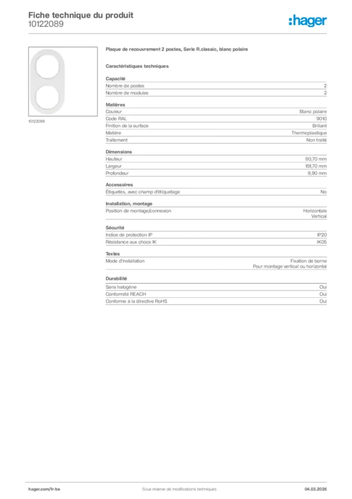 Image Hager Fiche technique du produit 10122089 | Hager Belgique