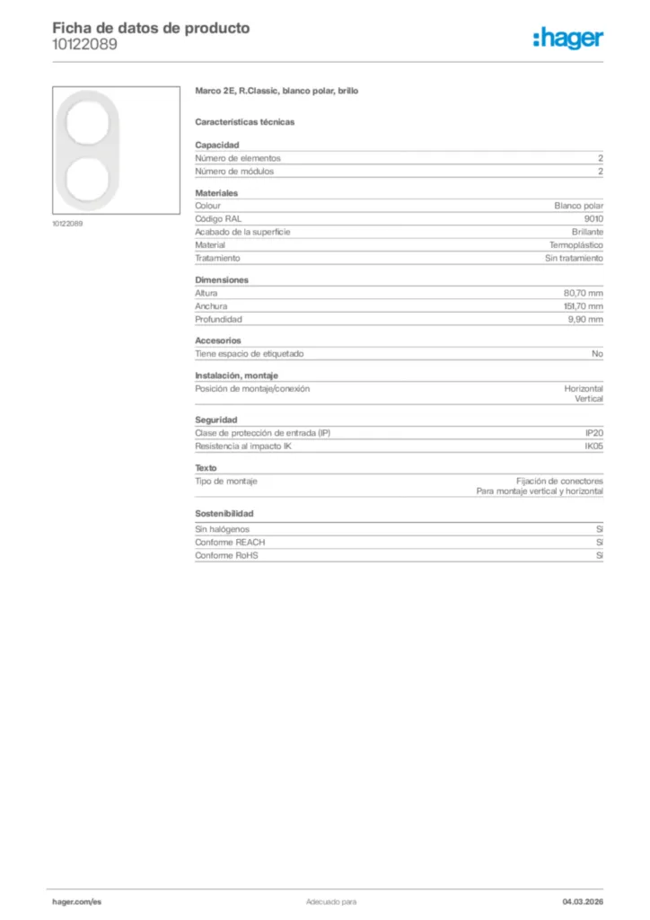 Imagen Hager Ficha de datos de producto 10122089 | Hager España