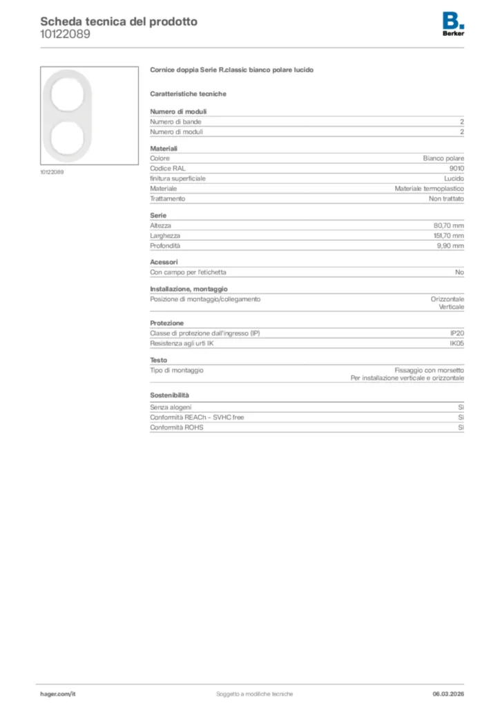 Immagine Berker Scheda tecnica del prodotto 10122089 | Hager Italia
