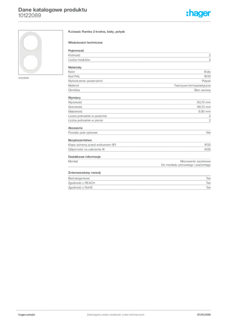 Zdjęcie Hager Dane katalogowe produktu 10122089 | Hager Polska