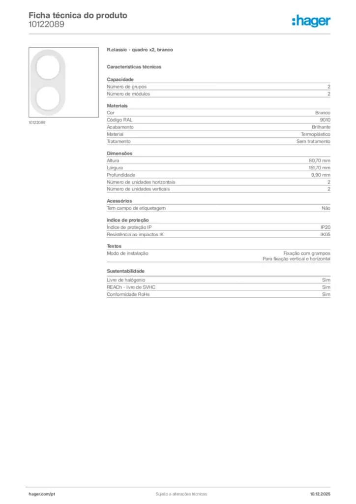 Imagem Hager Ficha técnica do produto 10122089 | Hager Portugal