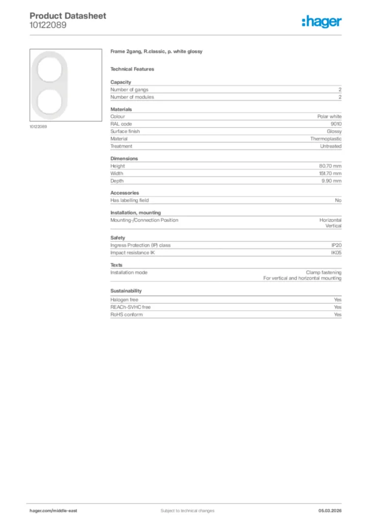 Image Hager Product data sheet 10122089  | Hager