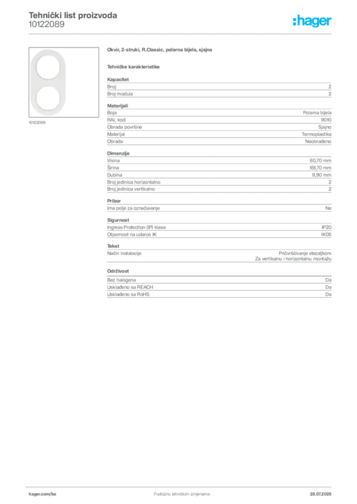 Slika Hager Product data sheet 10122089  | Hager