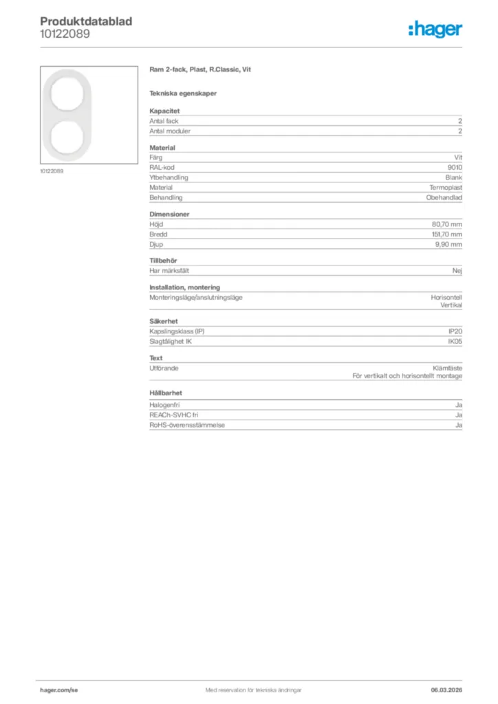 Bild Hager Produktdatablad 10122089 | Hager Sverige