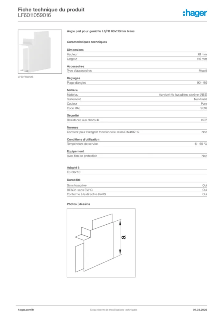 Image Hager Fiche technique du produit LF6011059016 | Hager France