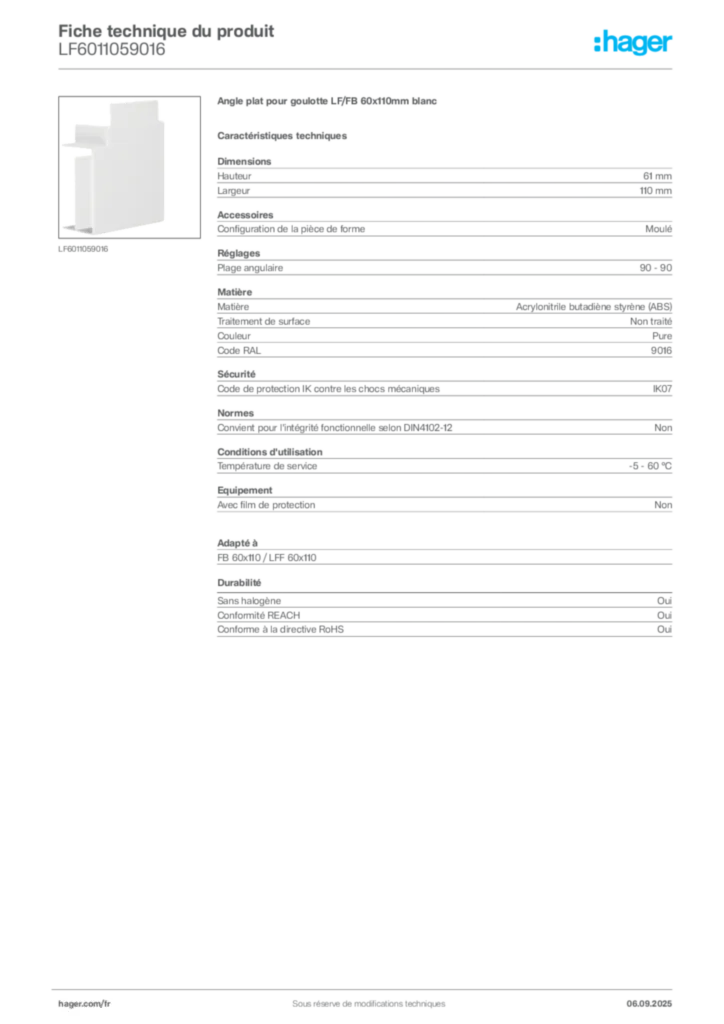 Image Hager Fiche technique du produit LF6011059016 | Hager France