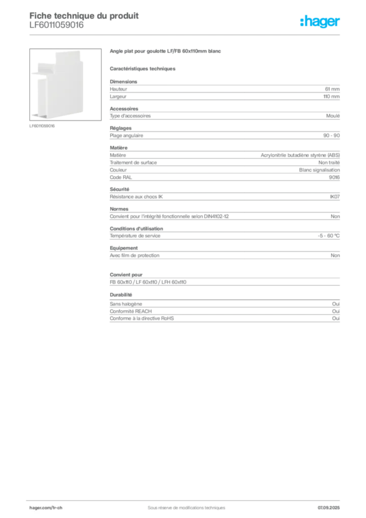 Image Hager Fiche technique du produit LF6011059016 | Hager Suisse