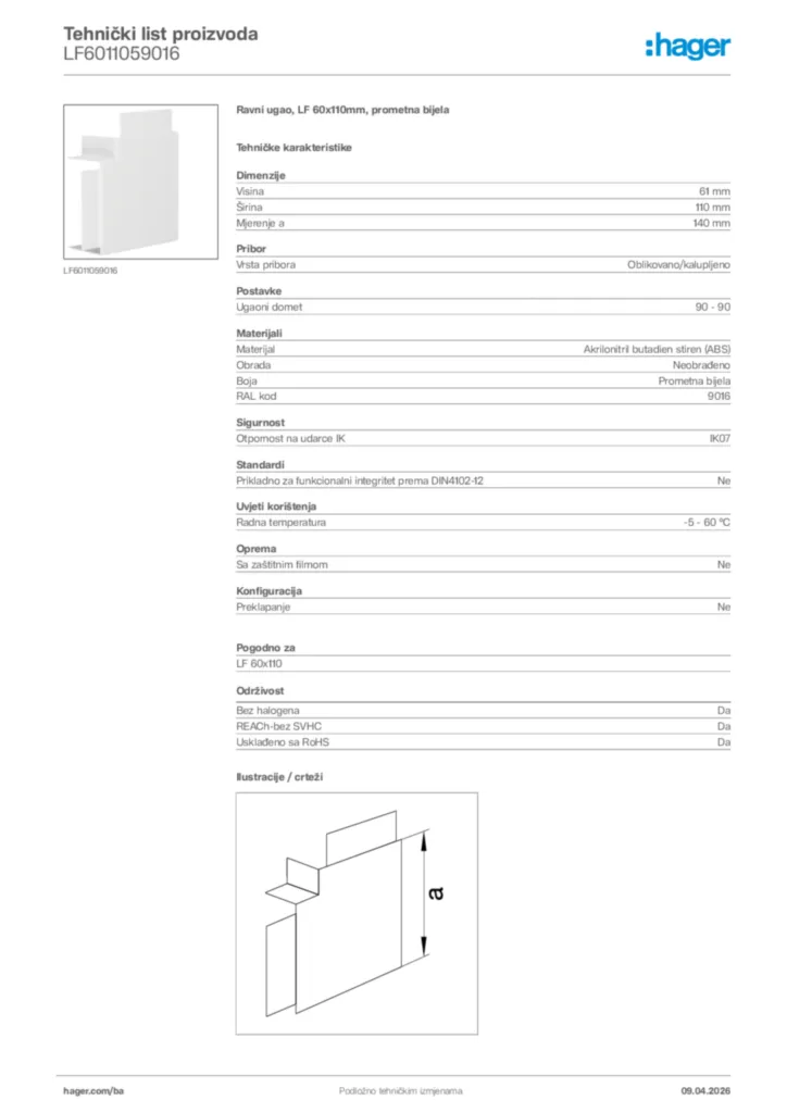 Slika Hager Tehnički list proizvoda LF6011059016  | Hager