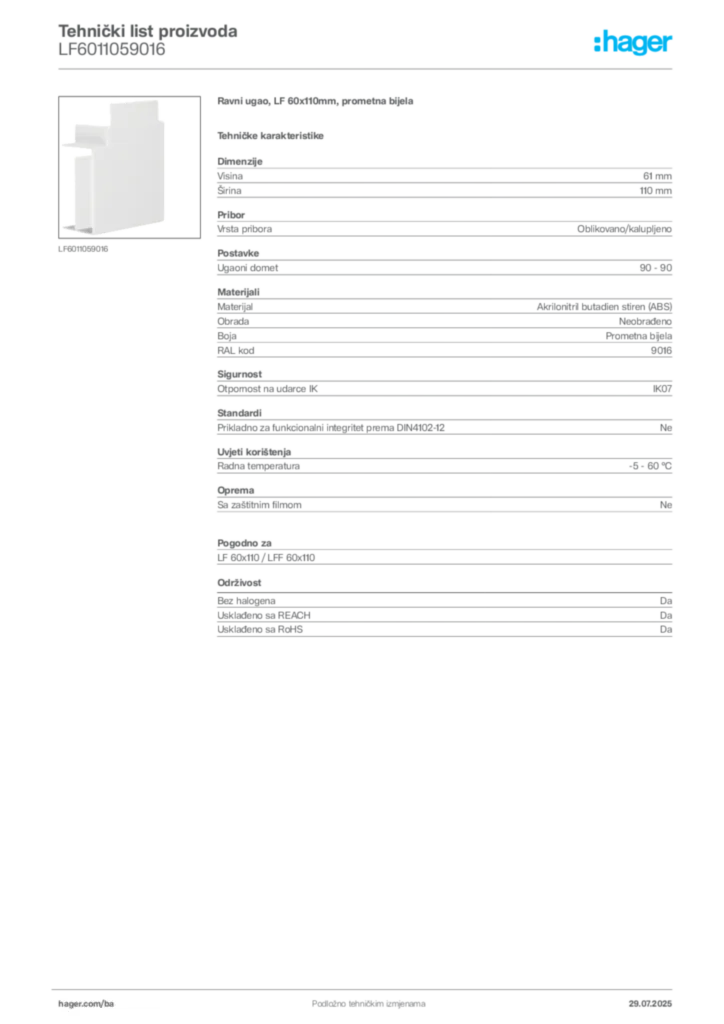 Slika Hager Product data sheet LF6011059016  | Hager