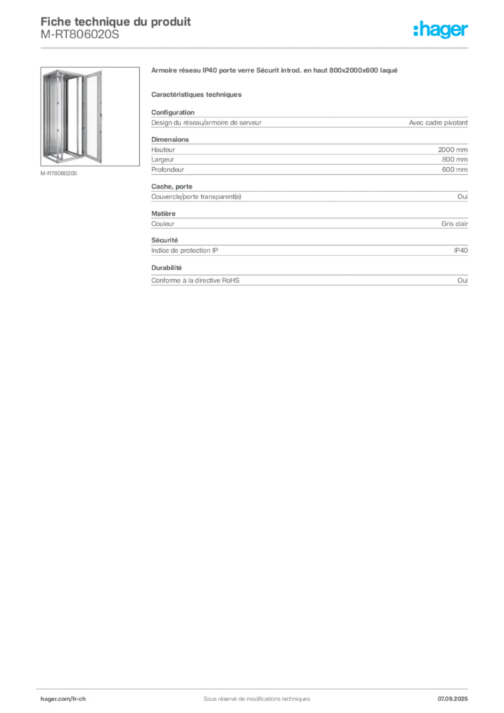 Image Hager Fiche technique du produit M-RT806020S | Hager Suisse