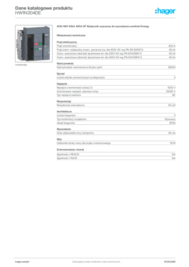 Zdjęcie Hager Dane katalogowe produktu HW1N304DE | Hager Polska