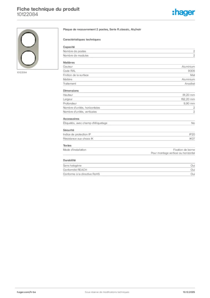 Image Hager Fiche technique du produit 10122084 | Hager Belgique