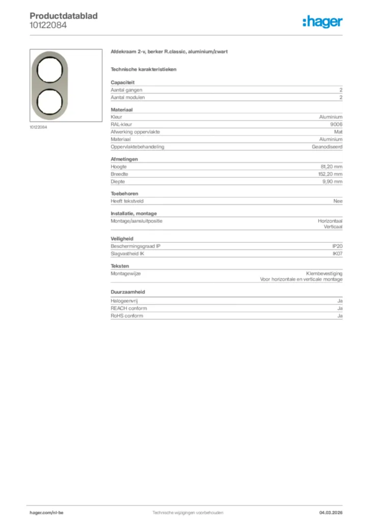 Afbeelding Hager Productdatablad 10122084 | Hager Belgium