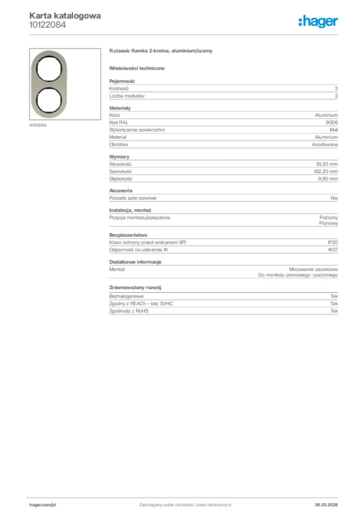 Zdjęcie Hager Karta katalogowa 10122084 | Hager Polska