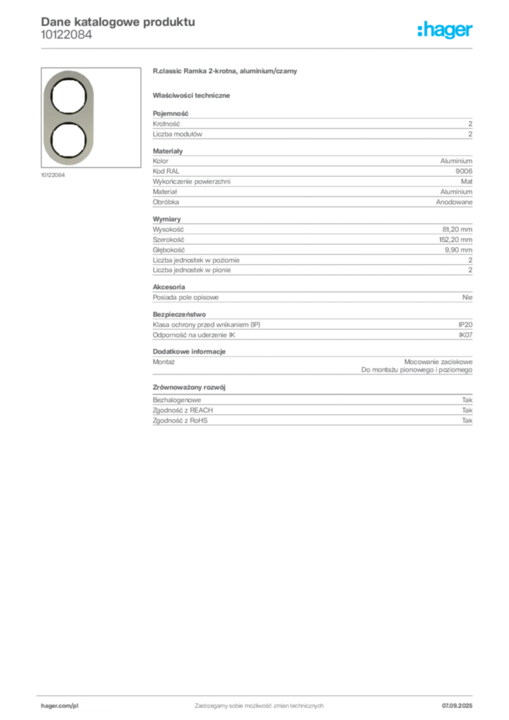 Zdjęcie Hager Dane katalogowe produktu 10122084 | Hager Polska