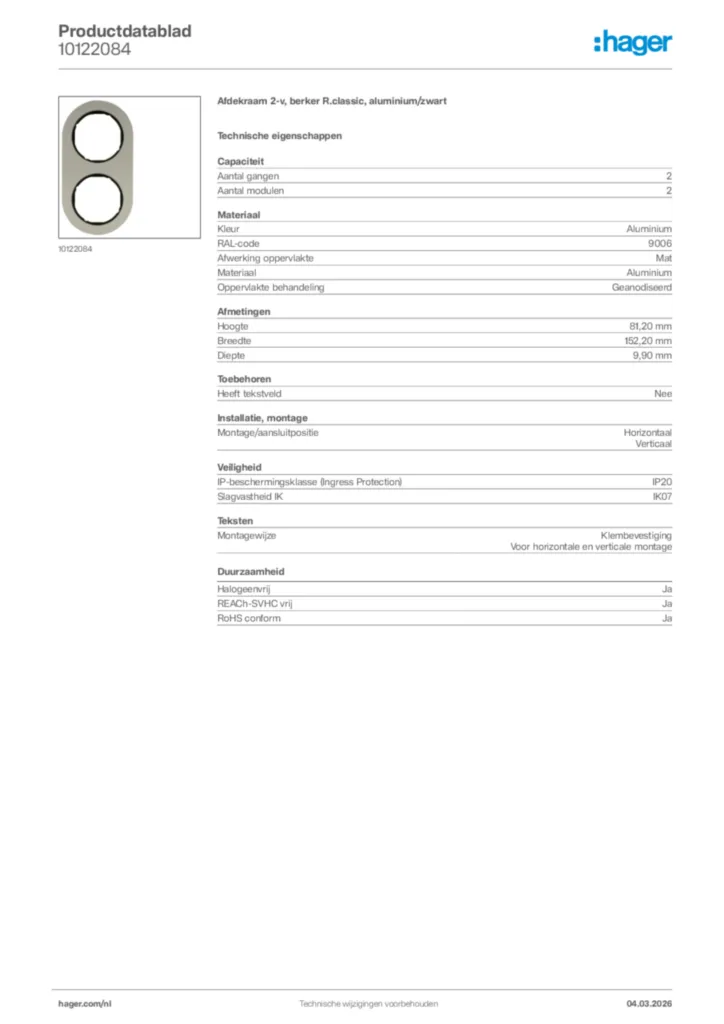 Afbeelding Hager Productdatablad 10122084 | Hager Nederland