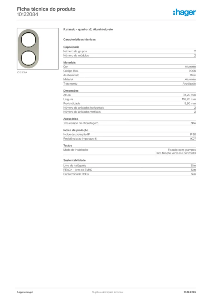 Imagem Hager Ficha técnica do produto 10122084 | Hager Portugal