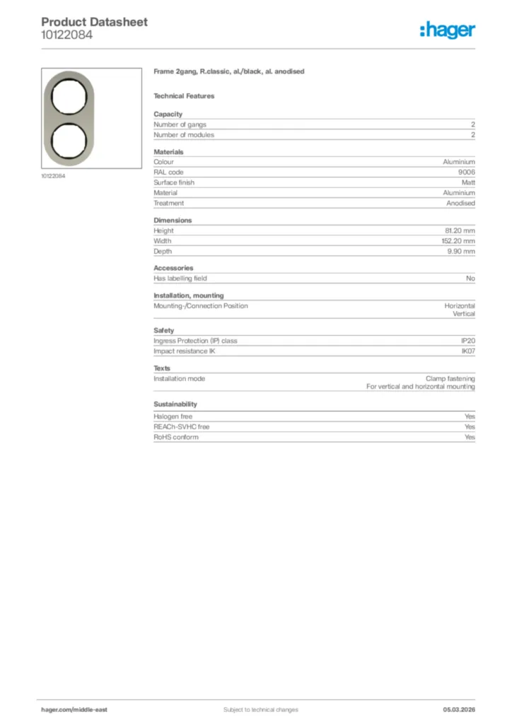 Image Hager Product data sheet 10122084  | Hager