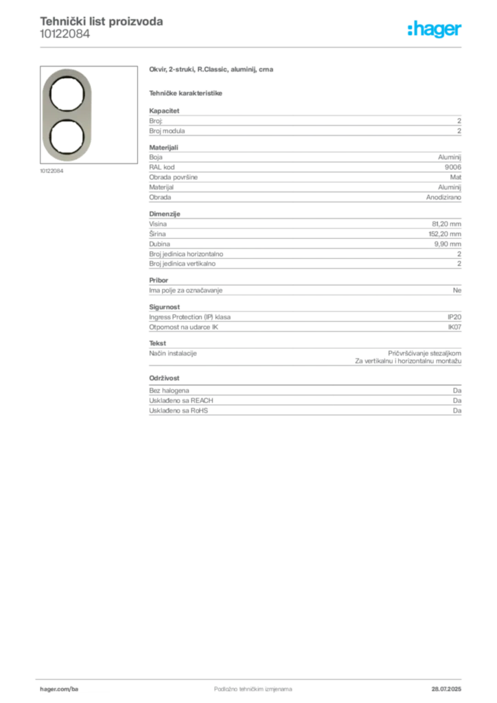 Slika Hager Product data sheet 10122084  | Hager