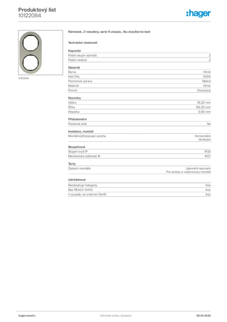 Obrázek Hager Product data sheet 10122084 | Hager