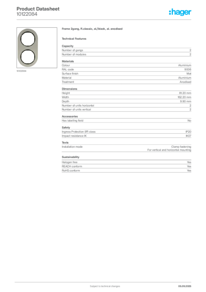 Image Hager Product data sheet 10122084  | Hager