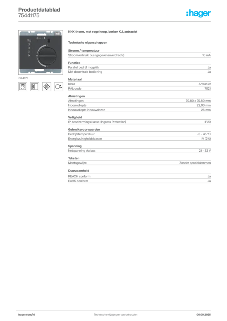 Afbeelding Hager Productdatablad 75441175 | Hager Nederland