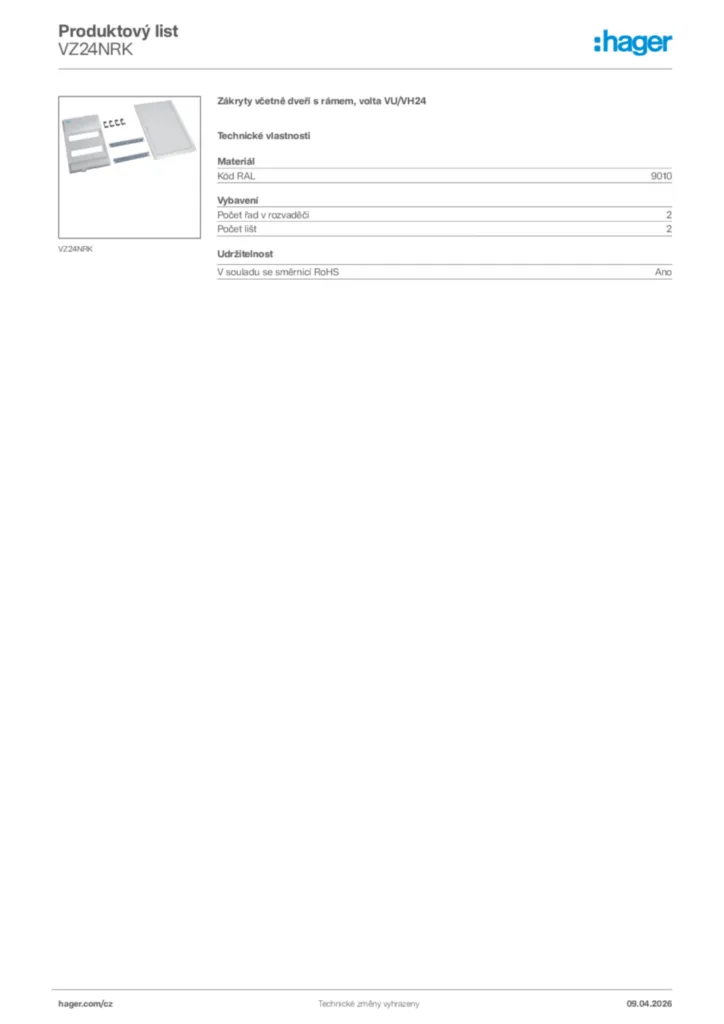 Obrázek Hager Product data sheet VZ24NRK | Hager