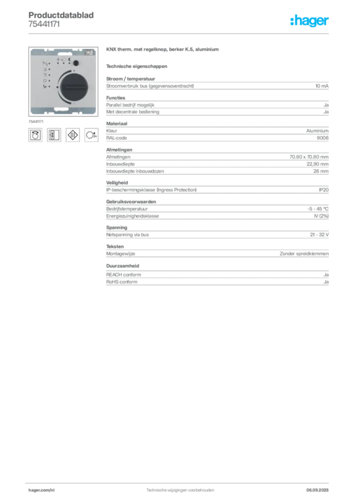 Afbeelding Hager Productdatablad 75441171 | Hager Nederland