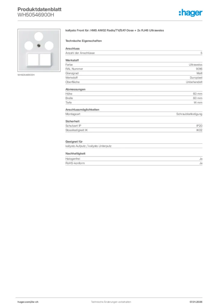 Bild Hager Produktdatenblatt WH50546900H | Hager Schweiz