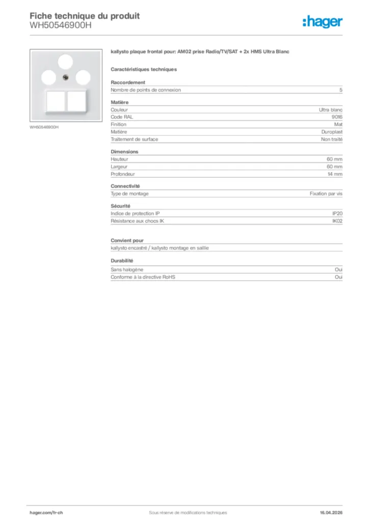 Image Hager Fiche technique du produit WH50546900H | Hager Suisse