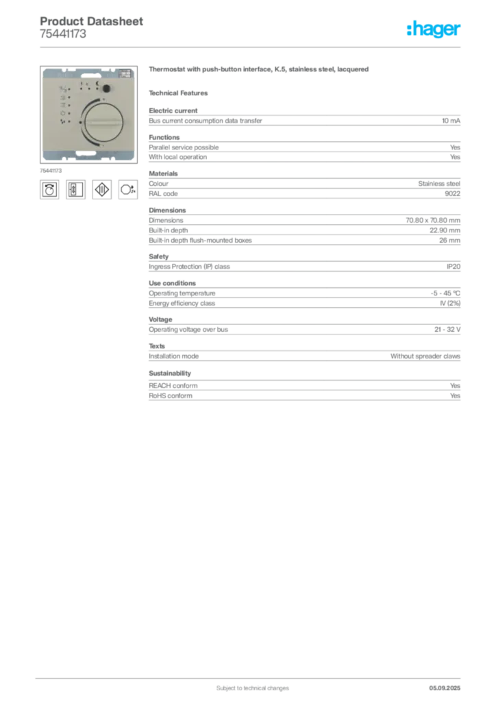 Image Hager Product data sheet 75441173  | Hager