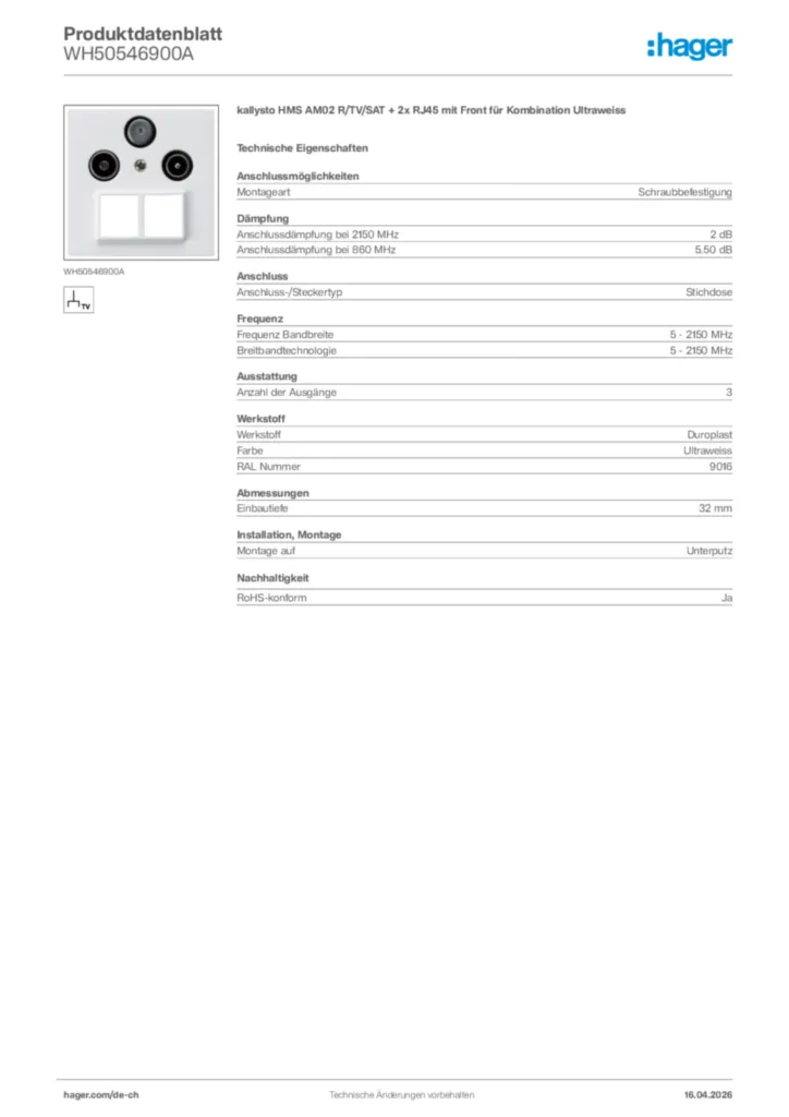 Bild Hager Produktdatenblatt WH50546900A | Hager Schweiz