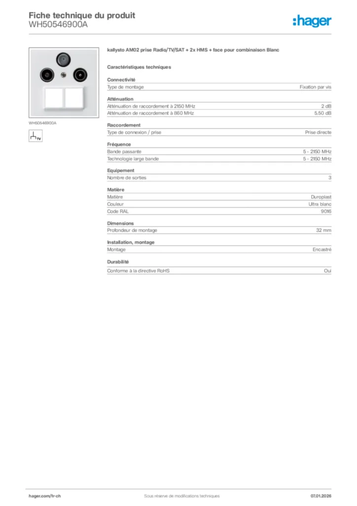 Image Hager Fiche technique du produit WH50546900A | Hager Suisse
