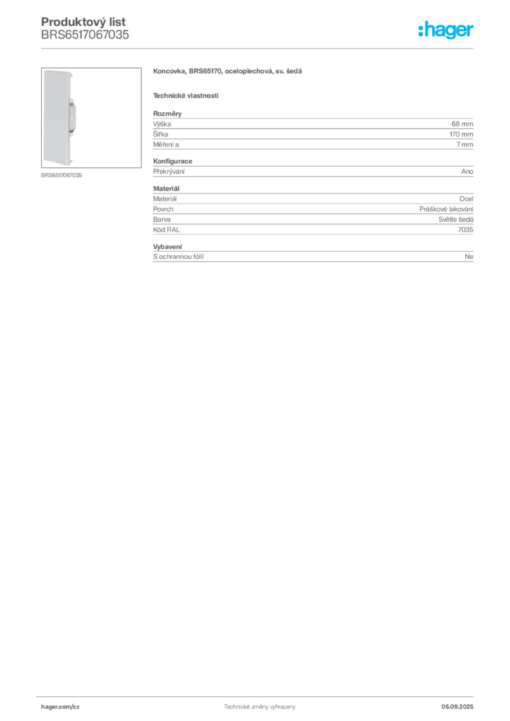 Obrázek Hager Produktový list BRS6517067035 | Hager