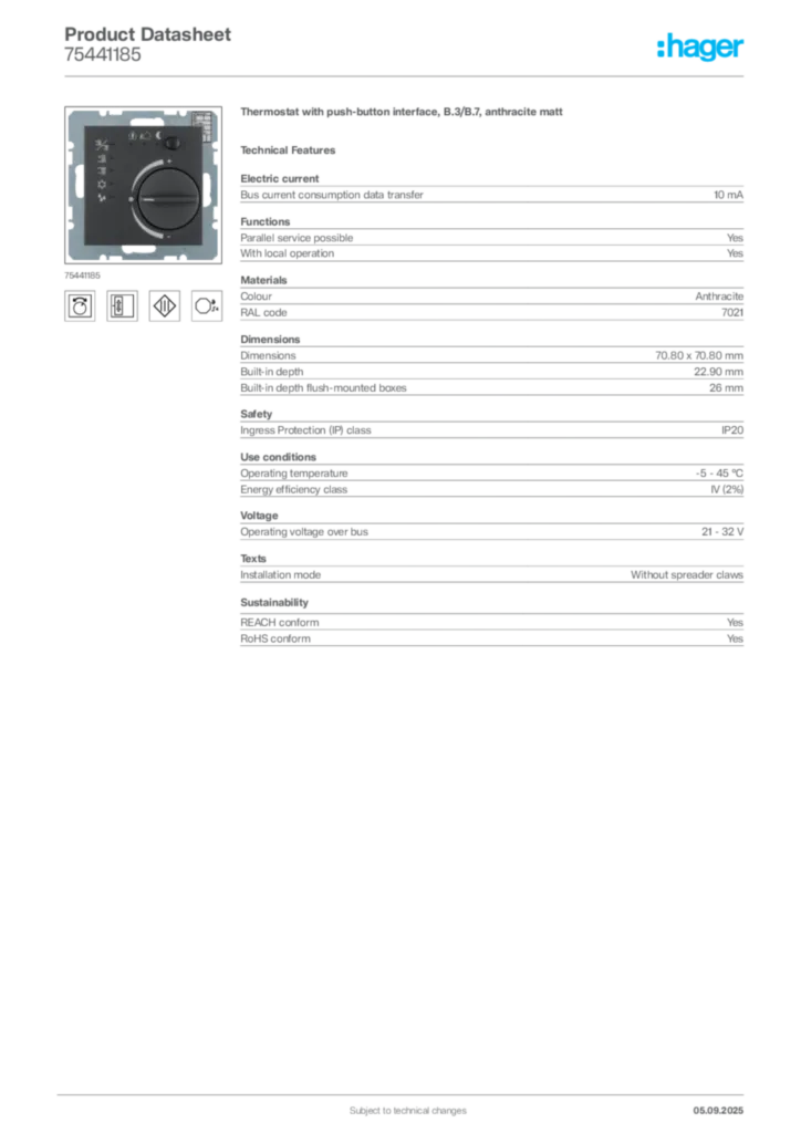 Image Hager Product data sheet 75441185  | Hager