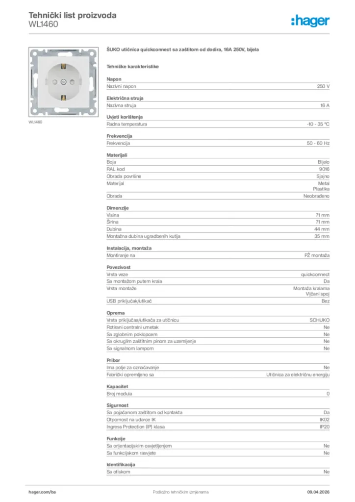 Slika Hager Tehnički list proizvoda WL1460  | Hager