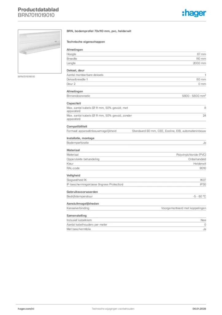 Afbeelding Hager Productdatablad BRN7011019010 | Hager Nederland
