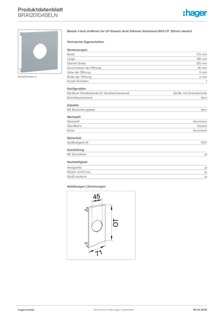 Bild Hager Produktdatenblatt BRA1201D45ELN | Hager Deutschland