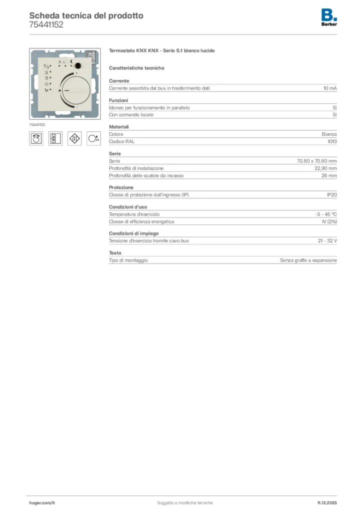 Immagine Berker Scheda tecnica del prodotto 75441152 | Hager Italia