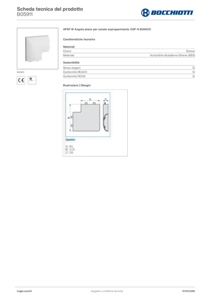 Immagine Bocchiotti Scheda tecnica del prodotto B05911 | Hager Italia