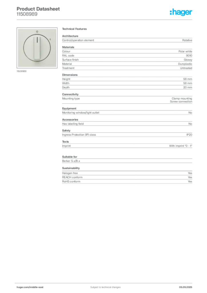 Image Hager Product data sheet 11508989  | Hager