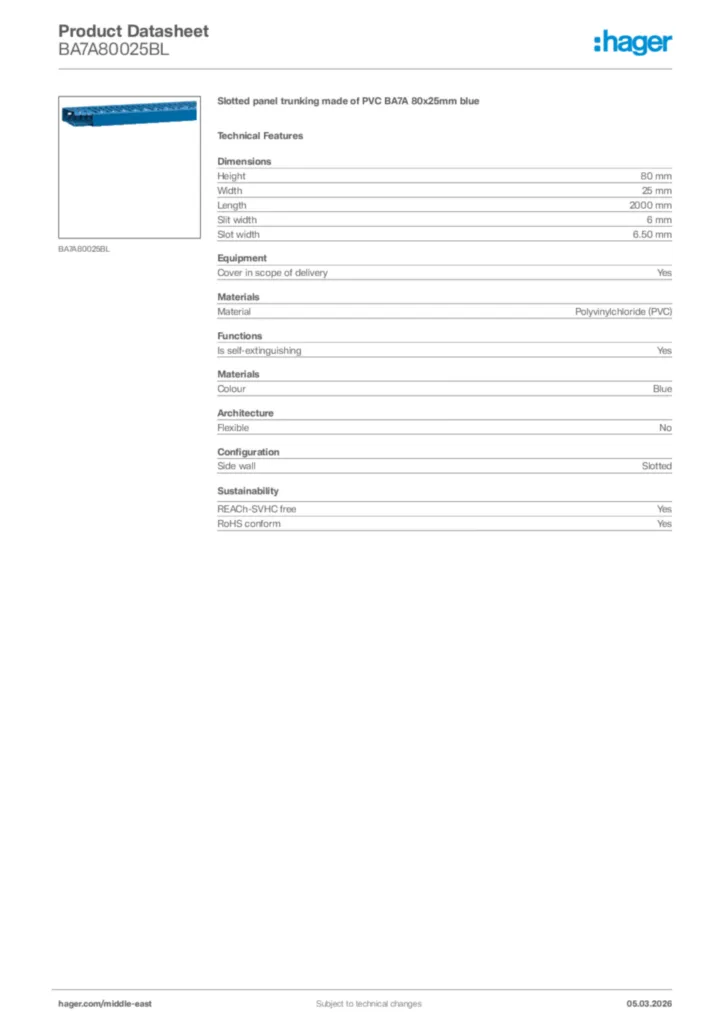 Image Hager Product data sheet BA7A80025BL  | Hager