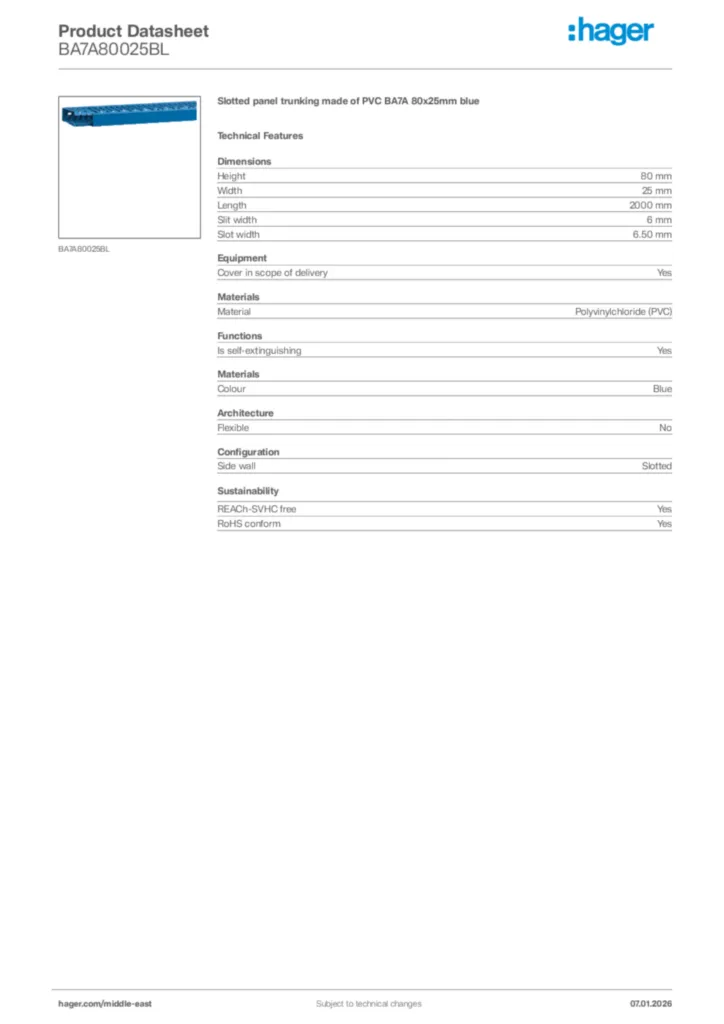 Image Hager Product data sheet BA7A80025BL  | Hager