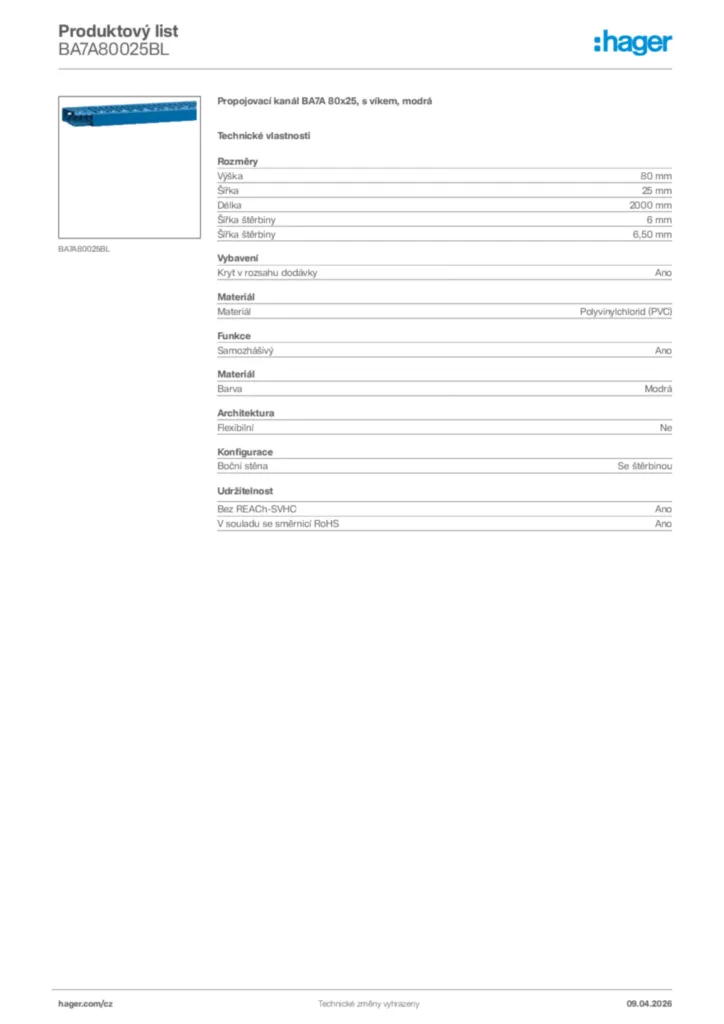 Obrázek Hager Product data sheet BA7A80025BL | Hager