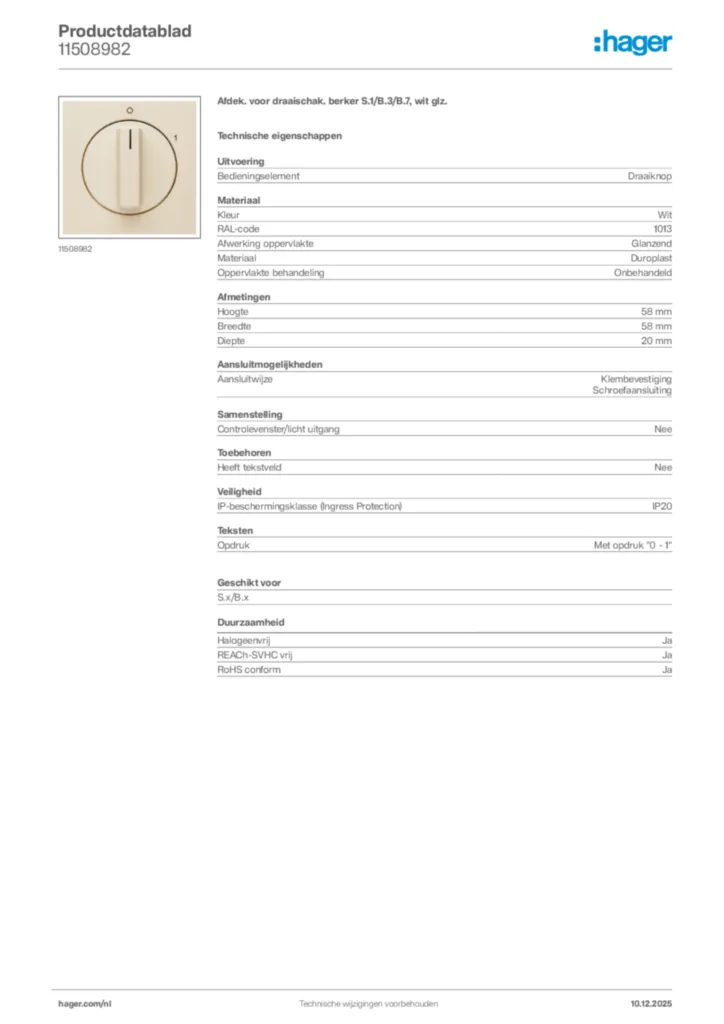 Afbeelding Hager Productdatablad 11508982 | Hager Nederland