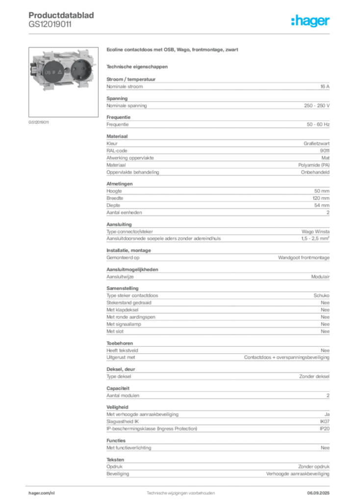 Afbeelding Hager Productdatablad GS12019011 | Hager Nederland