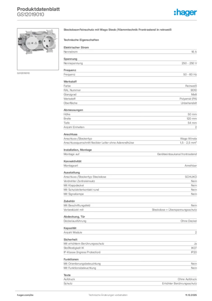 Bild Hager Produktdatenblatt GS12019010 | Hager Deutschland