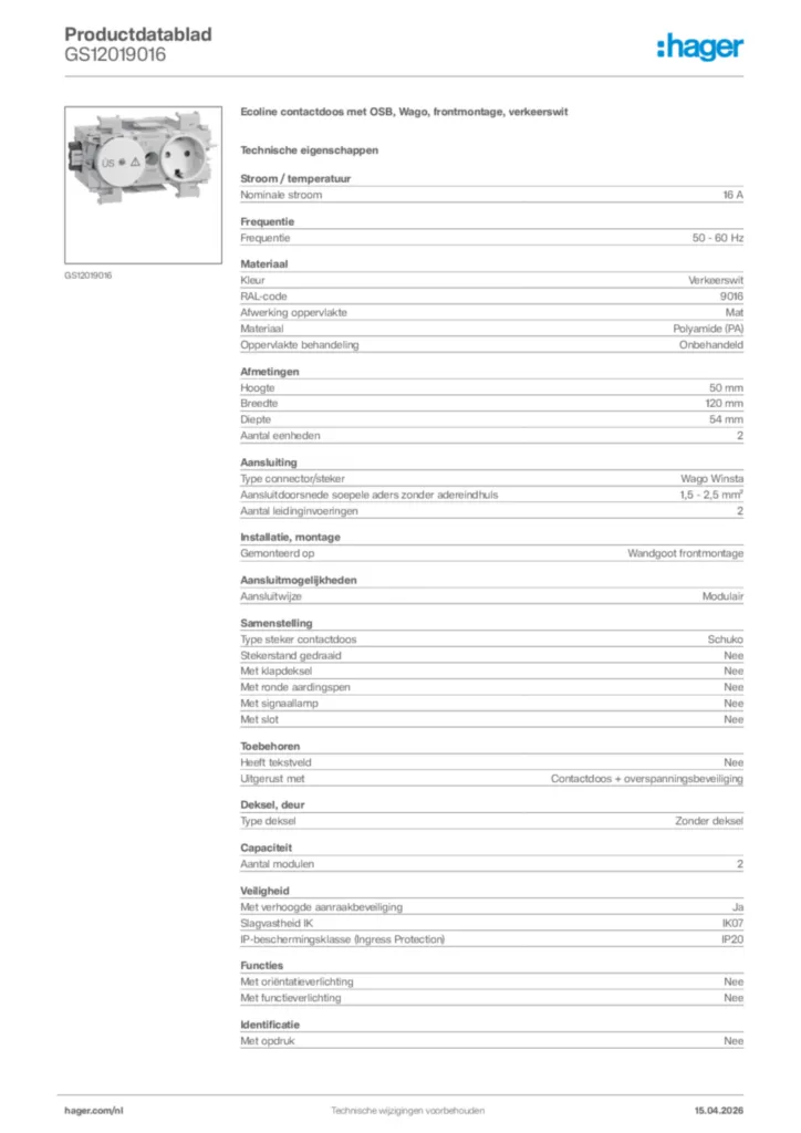 Afbeelding Hager Productdatablad GS12019016 | Hager Nederland