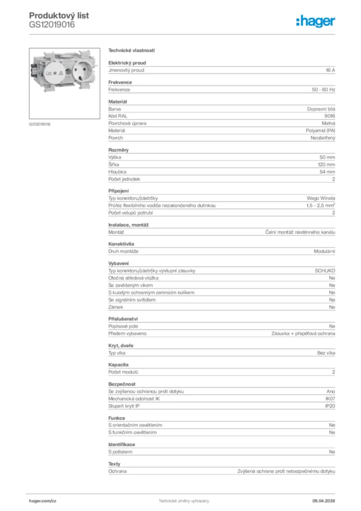 Obrázek Hager Product data sheet GS12019016 | Hager