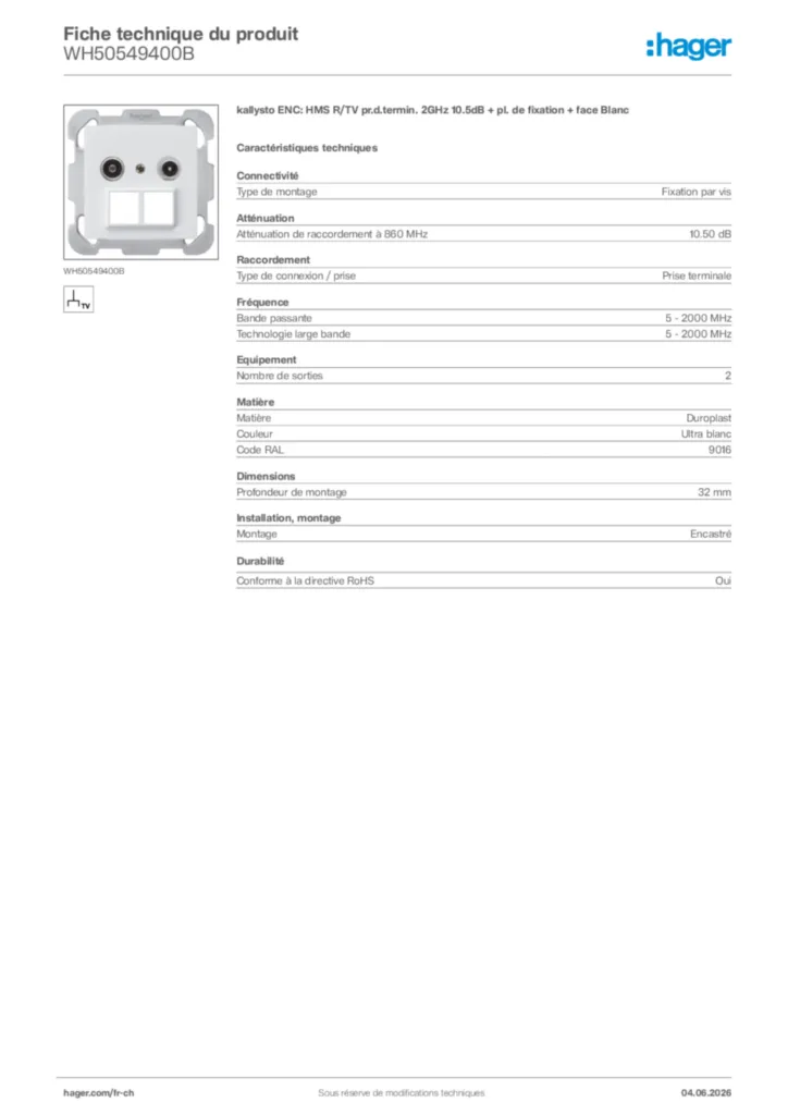 Image Hager Fiche technique du produit WH50549400B | Hager Suisse